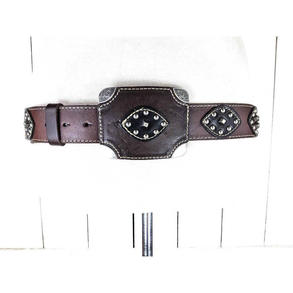 Vintage brown black silver studded leather large western buckle belt